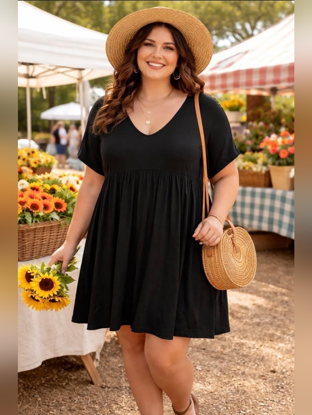 Lovely Melody Black Babydoll Shift Dress 1X Flowy V-Neck NWOT